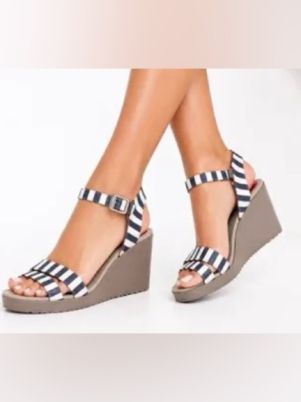 Crocs Leigh II Sz 8 Ankle Strap Wedge Sandals Navy and White Stripes Nautical